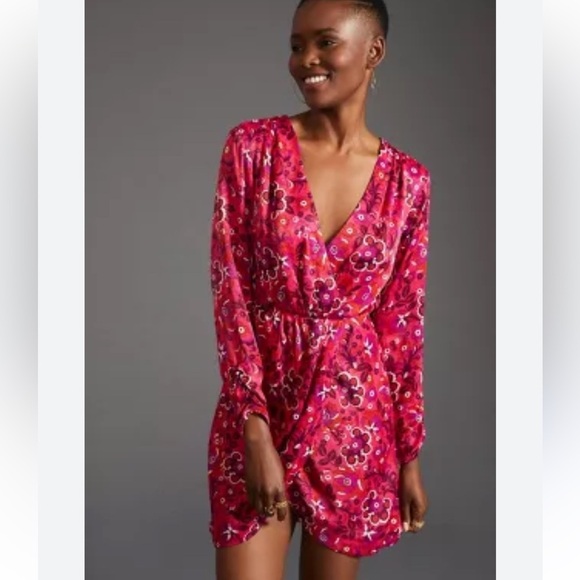 Anthropologie Dresses & Skirts - Anthropologie Maeve Faux Wrap Floral Mini Dress in Rosy Pink Combo Sz S